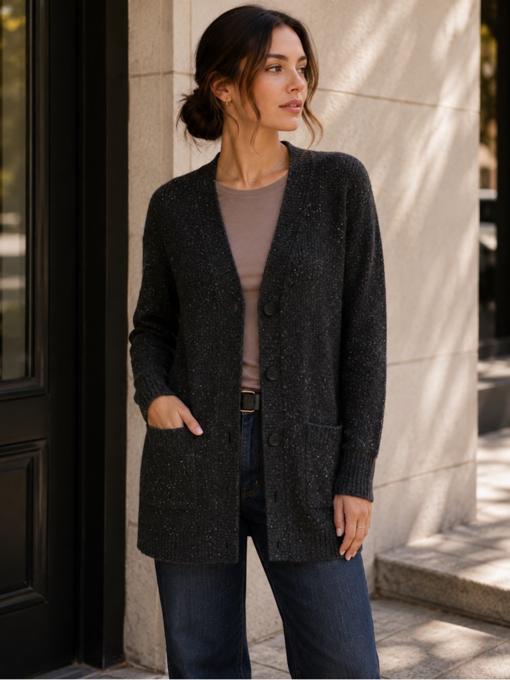 COS 100% Wool Black Speckled Oversized V Neck Cardigan Sweater Minimalist XS